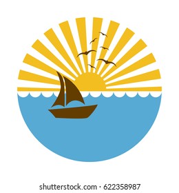 colorful circular background sunset in the ocean with boat over waves vector illustration