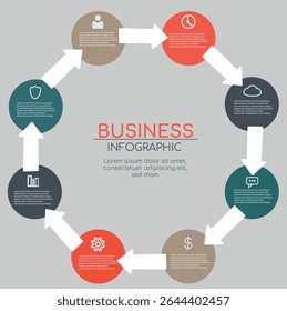 Colorful circular business infographic with eight segments connected by white arrows, each containing an icon and placeholder text.