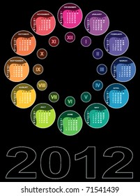 Colorful circular calendar 2012 on black background (English, Sunday first)