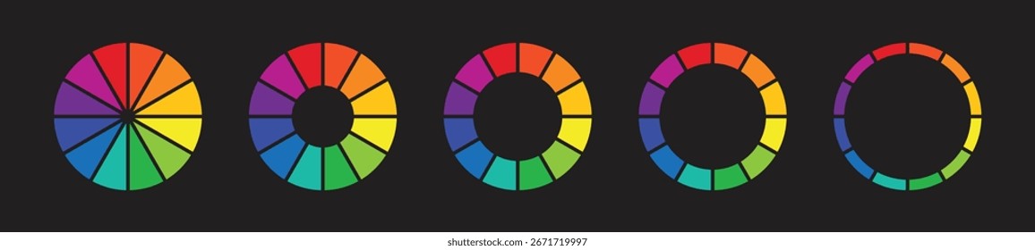 Gráfico circular colorido definido com segmentos de gradiente arco-íris em estilo plano moderno. Perfeito para infográficos, apresentações e visualização de dados. Design vetorial editável para projetos criativos.