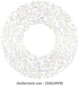Colorful circular, concentric segmented circles. Radial, radiating rings. Abstract geometric circle shape, design element. Swirl, twirl, spiral and whorl shape