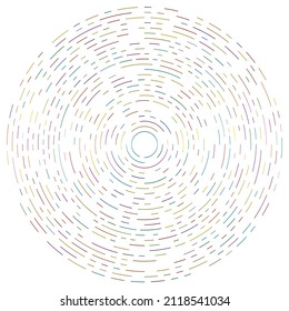 Colorful circular, concentric segmented circles. Radial, radiating rings. Abstract geometric circle shape, design element. Swirl, twirl, spiral and whorl shape