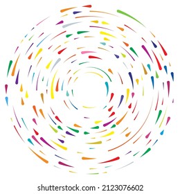 Coloridos círculos circulares, concéntricos segmentados. Anillos radiantes. Resumen de la forma del círculo geométrico, elemento de diseño. Forma giratoria, giratoria, espiral y tortuga