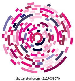Coloridos círculos circulares, concéntricos segmentados. Anillos radiantes. Resumen de la forma del círculo geométrico, elemento de diseño. Forma giratoria, giratoria, espiral y tortuga
