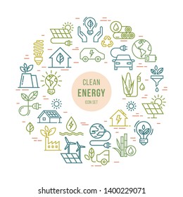 Colorful circular concept set of vector green power symbol made with the wind, solar, water and biomass icons in the line style. Environmental protection illustration. Template with place for text.