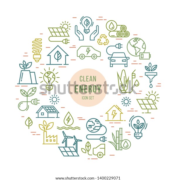 Colorful circular concept set of vector green power\
symbol made with the wind, solar, water and biomass icons in the\
line style. Environmental protection illustration. Template with\
place for text.