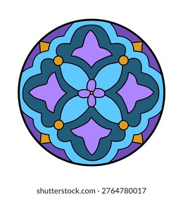 A colorful, circular design with repeating floral and geometric patterns in shades of blue, purple, and gold.