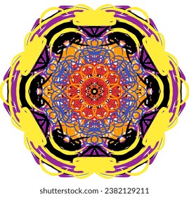 a colorful circular design with a yellow, purple and blue background