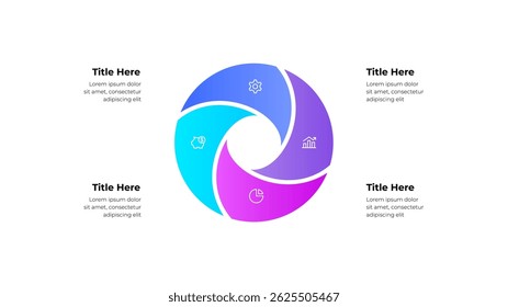 Diagrama Circular Colorido com Ícones para Visualização de Negócios e Fluxo de Trabalho. Infográfico com 4 etapas, opção ou processos