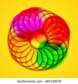 Elemento circular colorido con puntos de semitono y efecto de malla. Fondo creativo abstracto en estilo de arte pop.