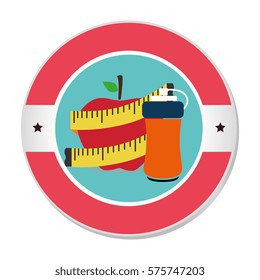 colorful circular frame with apple and measuring tape and bottle
