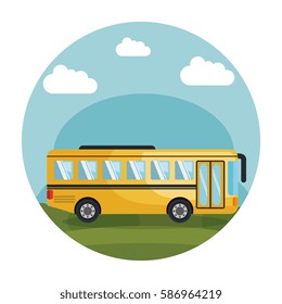 colorful circular frame with landscape with school bus