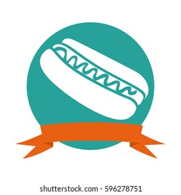 colorful circular frame with ribbon and hot dog with sauce vector illustration