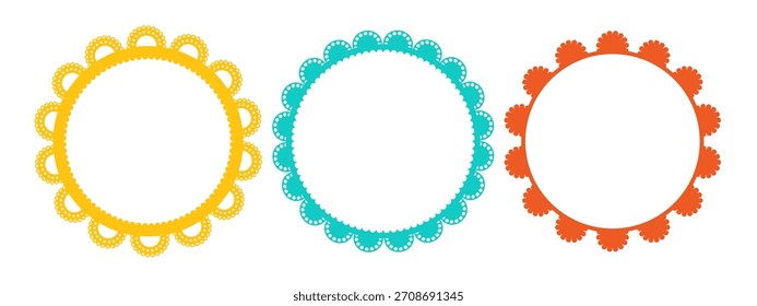 Colorful circular frames featuring intricate lace patterns and wavy scalloped borders. Decorative round designs ideal for embroidery, crochet projects, or vintage aesthetic creations