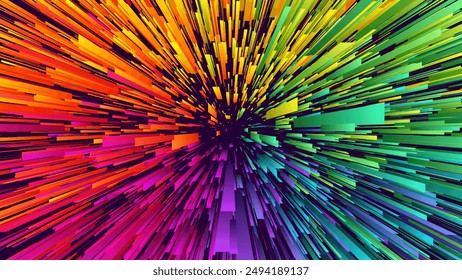 Colorida explosión geométrica circular con rayos rectangulares radiantes desde el centro. Senderos de luz de arco iris dinámicos de explosión para presentación, evento, fiesta, carnaval, celebración. Ilustración vectorial