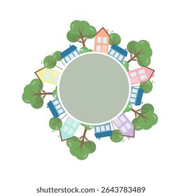 Casas circulares coloridas e árvores Ilustração vetorial - Projeto de bairro ecológico