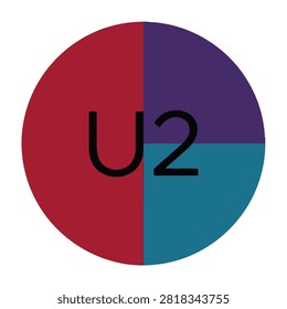 Colorful circular icon featuring the text U2 divided into red, purple, and teal sections. Abstract symbol design for graphic use.