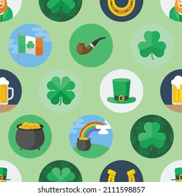 Colorful circular icon set of St. Patrick's day. Irish seamless pattern on green background.