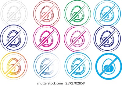 Colorful circular icons, minimalist musical note symbols, hand-drawn style, vibrant crayon textures, sketch-like appearance, music prohibition concept, multicolored palette, simple geometric shapes, 