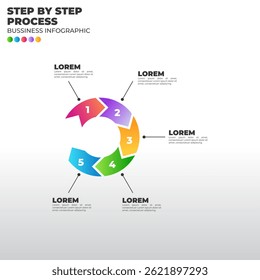 Colorful circular infographic with 5 steps. Modern vector for business process, workflow, or marketing cycle presentation