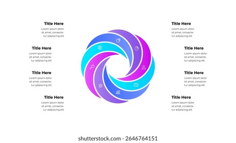 Colorful circular infographic artwork featuring a 8 segmented ring with abstract designs and text blocks, suitable for representing business concepts, presentations, or data visualization