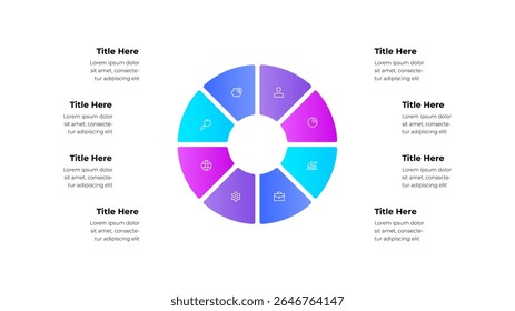 Design infográfico circular colorido mostrando 8 segmentos com ícones e espaços reservados para texto. Ilustração projetada para apresentações de negócios, dados e informações visualmente atraentes