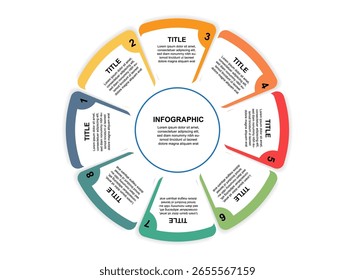 Infográfico circular colorido com segmentos numerados para apresentação e layout do processo de negócios
