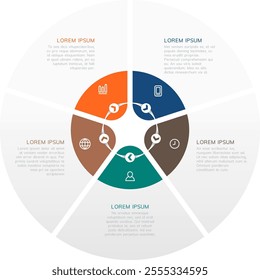 Colorful circular infographic template displays data divided into sections with icons and text, offering a visually appealing way to present information