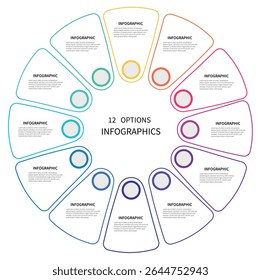 Colorful circular infographic with twelve individual segments, each shaped like a stylized petal or fan, arranged symmetrically around a central title. Each segment contains placeholder text