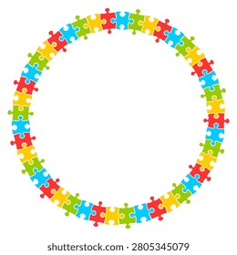 Colorful circular jigsaw puzzle border vector illustration, symbolizing autism awareness, teamwork, unity, and connection. Perfect round frame with copy space for creative designs.