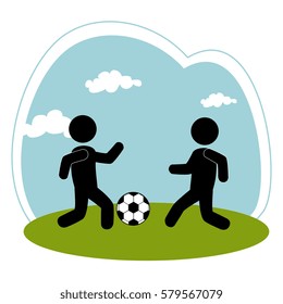 colorful circular landscape with men playing soccer