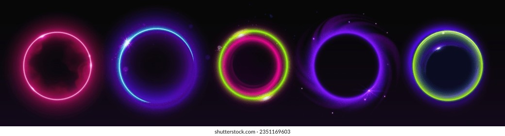 Colorful circular light flare effects isolated on dark black background. Vector realistic illustration of neon rings glowing, sparkling with shimmering particles and smoke, space halo, energy vortex