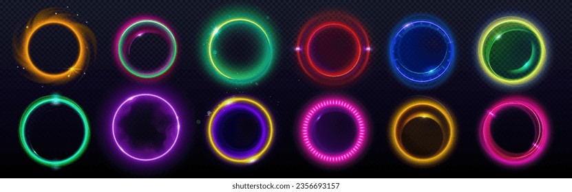 Los efectos de la iluminación circular colorida se aíslan en el fondo transparente. Ilustración vectorial realista de anillos de neón brillando, brillando con partículas y humo brillantes, halo espacial, vórtice de energía