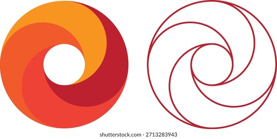Design de logotipo circular colorido com formas de gradiente em tons de vermelho, laranja e amarelo.