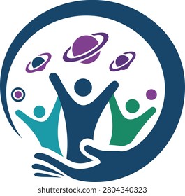 Colorful circular logo featuring three joyful human figures, supporting hands, planets, and orbit symbols. Ideal for science education, astronomy clubs, space learning programs, children’s academies, community organizations, and technology projects.