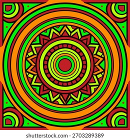 Un colorido diseño circular de mandala en un estilo psicodélico y retro. Representa armonía y espiritualidad.