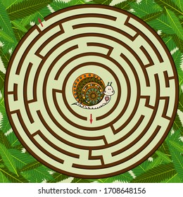Colorful circular maze on the theme of nature, the snail needs to find a way out and the maze to the leaves, vector illustration, green background, design of children's books, education