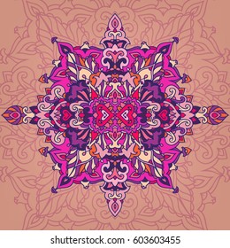 Colorful circular ornament on a light background. Vector mandala with plant motifs. Purple symmetrical pattern.