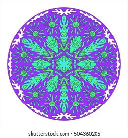 Colorful circular pattern. Abstract ethnic mandala for textile, sportswear, umbrellas with green sun and flowers, white clouds on purple background
