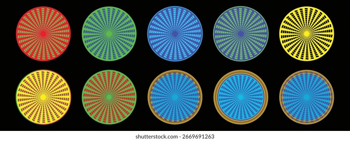 Colorful Circular Patterns Radiating Outward on a Black Background.