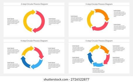 Coloridas Plantillas de diagrama de procesos circulares que muestran opciones de flujo de trabajo de 2 pasos, 3 pasos, 4 pasos y 5 pasos con marcadores de posición de texto. Imagen Clipart aislada en el fondo.