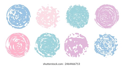 Manchas de forma circular coloridas establecidas aisladas en blanco. Círculo de pincel. Ilustración texturizada moderna. Textura de pintura de tinta de marcador. Elemento para el logotipo de diseño, texto, medios sociales destacados