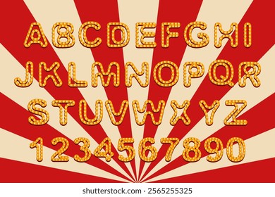 Colorful Circus Alphabet and Numbers Graphic. Retro alphabet and numbers with glowing bulb effect on a red and beige radial background. Typography design template for poster, banner.