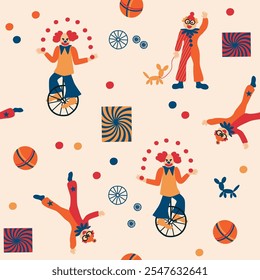 Colorful circus background, funny clowns, jugglers, acrobats, cheerful carnival with balloons and confetti. Seamless pattern, hand drawn