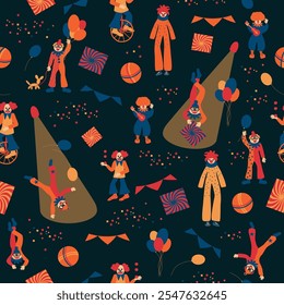 Colorful circus background, funny clowns, jugglers, acrobats, cheerful carnival with balloons and confetti. Seamless pattern, hand drawn