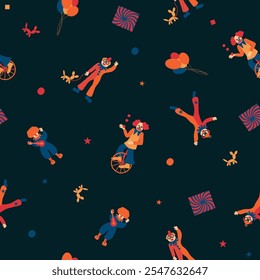 Colorful circus background, funny clowns, jugglers, acrobats, cheerful carnival with balloons and confetti. Seamless pattern, hand drawn