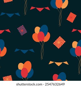 Colorful circus background, funny clowns, jugglers, acrobats, cheerful carnival with balloons and confetti. Seamless pattern, hand drawn