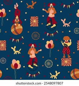 Colorful circus background, funny clowns, jugglers, acrobats, cheerful carnival with balloons and confetti. Seamless pattern, hand drawn