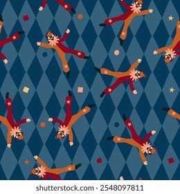 Colorful circus background, funny clowns, jugglers, acrobats, cheerful carnival with balloons and confetti. Seamless pattern, hand drawn