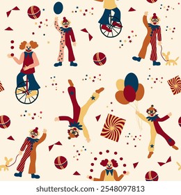 Colorful circus background, funny clowns, jugglers, acrobats, cheerful carnival with balloons and confetti. Seamless pattern, hand drawn